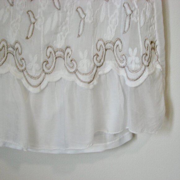 Elena Baldi White Silk Embroidered Tank Top Ruffled Boho Gold Thread Italy Small - Picture 10 of 15